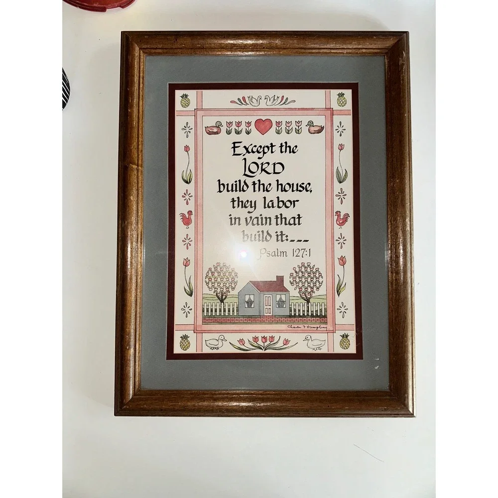 Charles F Humphrey Framed Folk Art Psalm 127:1‎ Scripture Print Vintage 13x16